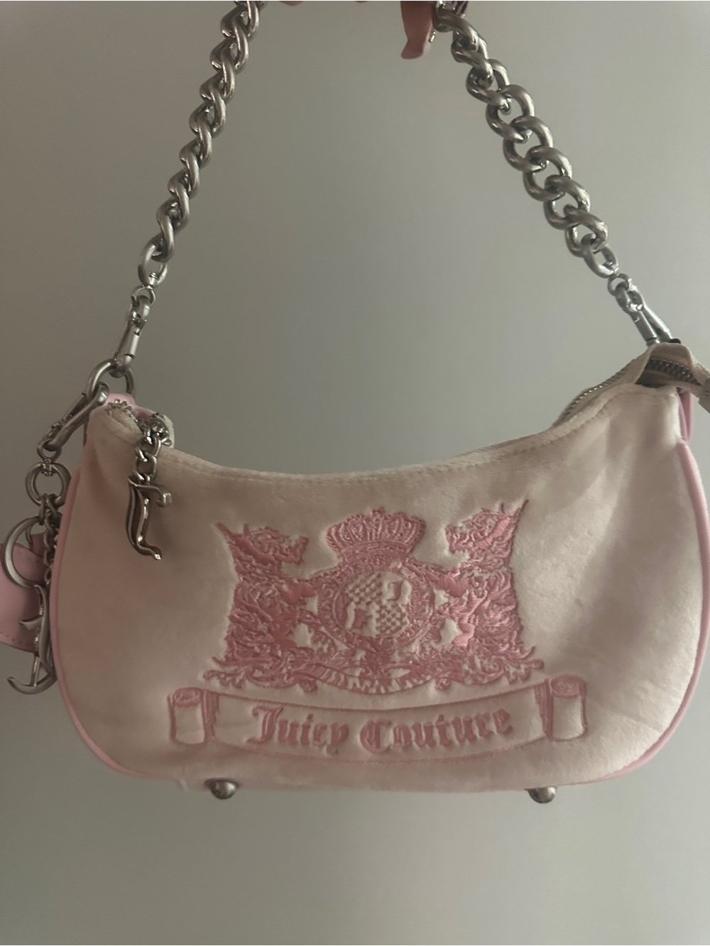 Juicy Couture Pale Pink Velvet Crest Shoulder Bag with Silver Chain